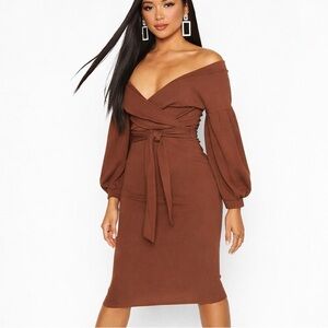 Boohoo Chocolate Brown Off Shoulder Wrap Midi Dress Tie Waist Elegant